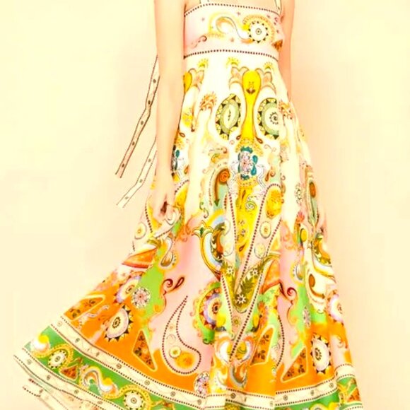 AVANT GARD Multi Color linen PAISLEY PRINT MIDI DRESS M BOAT NECK TIE BACK - Picture 6 of 7